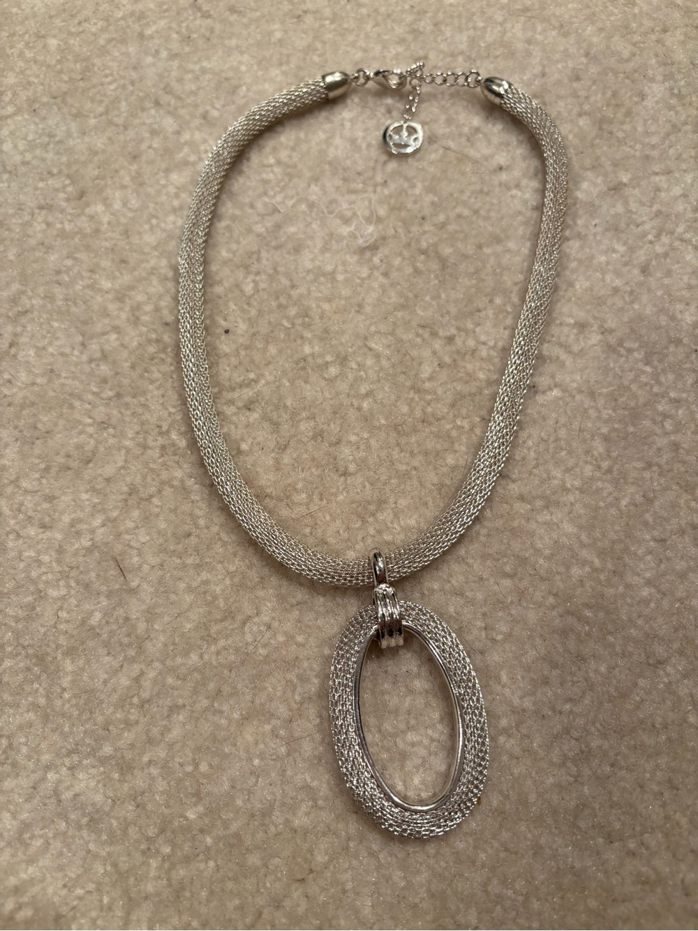 Trifari Silver Mesh Oval Pendant Necklace